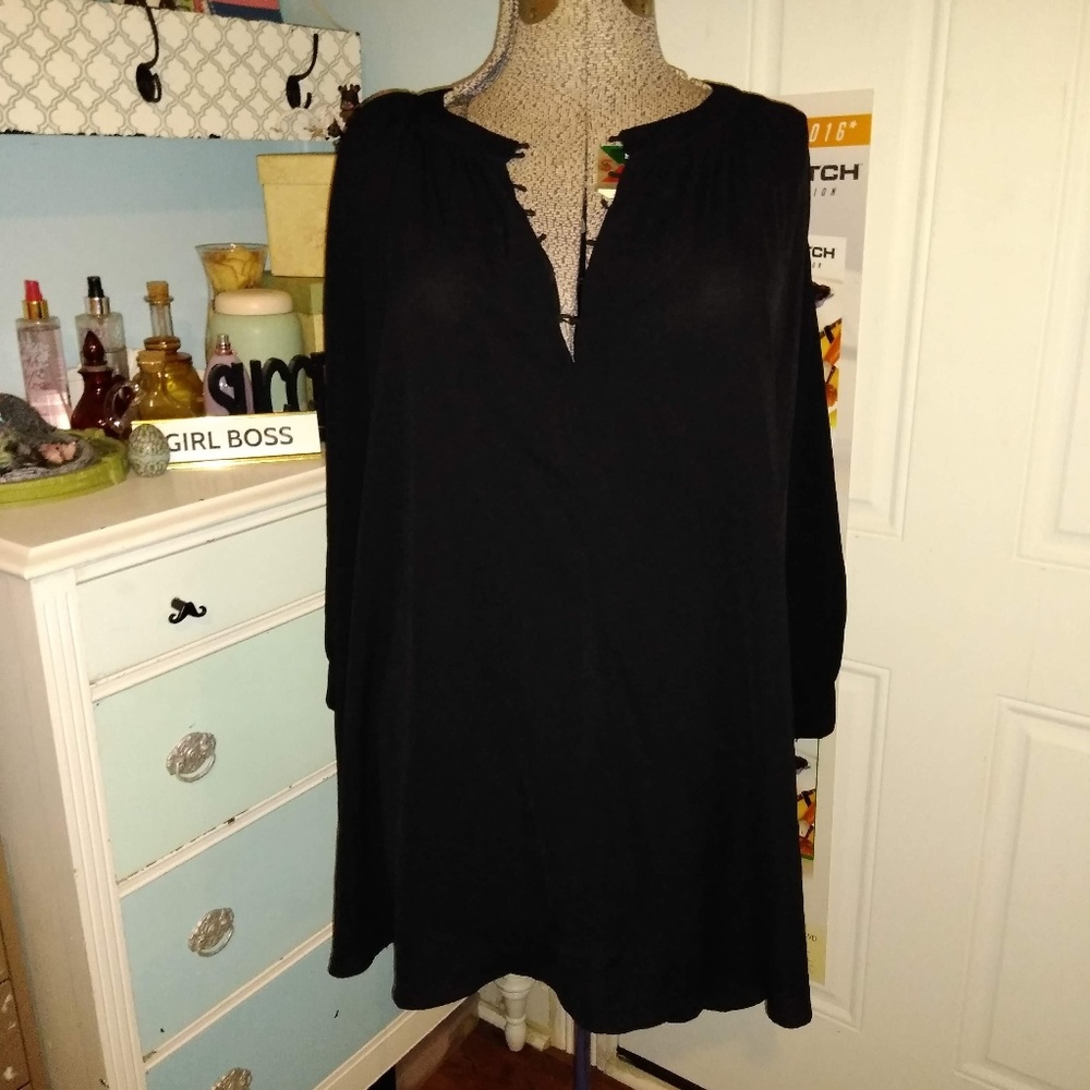 Reborn, XL, black blouse, sheer with underlining.